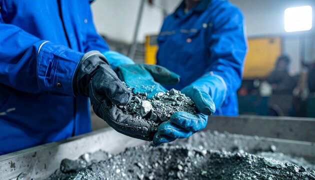 A worker is carefully examining a pile of recycled materials. The worker wears protective gloves and a blue uniform. A detailed look at sustainable practices - Powered by Adobe