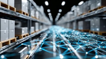 Warehouse Efficiency: A sophisticated network of interconnected lines overlays rows of stacked boxes, representing the seamless integration of technology and logistical excellence - Powered by Adobe