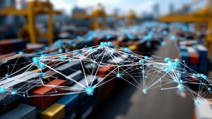 Connected Logistics: Digital network overlaid on a vibrant port scene, illustrating global trade and connectivity. The image showcases the fusion of technology and logistics. - Powered by Adobe