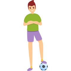 Cartoon Male Soccer Player Standing With Ball In Green T Shirt And Purple Shorts White Background