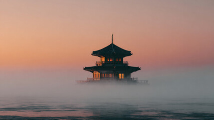 A pagoda emerges from heavy fog in hyperrealistic detail, creating a mystical and serene scene. The image symbolizes mystery, tranquility, and the quiet beauty of architectural elegance shrouded in na