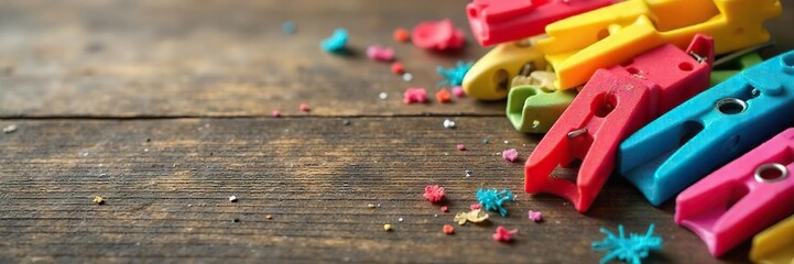 Naklejka premium Colorful Wooden and Plastic Clothespins Scattered on Rustic Wood Perfect for Laundry, Craft, and Home Organization Photography