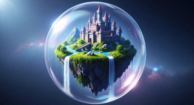 Floating Island with Medieval Castle Surrounded by Waterfalls in a Glass Bubble in Space