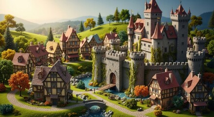 Fototapeta premium Miniature Fairy Tale Castle with Surrounding Village in Lush Green Landscape
