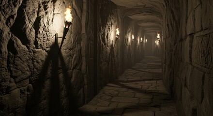 Dark Medieval Tunnel with Torches Illuminating Rough Stone Walls