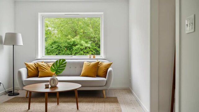 Light-filled living room with grey sofa, mustard pillows, round wooden table, floor lamp, and lush green window view