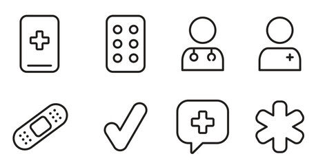Hospital Icon Set, doctor, checkmark, speech bubble, medicine, phone plus, bandaid, medical icons