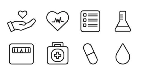 Hospital Icon Set, pill, heart, chart, case, hand with heart, weight scale, icons, vector,