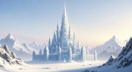 Magnificent Snowy Castle with Tall Spires Surrounded by Mountain Range in Winter Scene