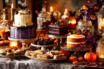 Halloween dessert table with decorated cakes, cookies and pumpkins illuminated by warm candlelight