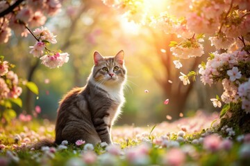 Serene Tabby Cat Amidst a Blossoming Spring Garden, Bathed in Golden Sunlight