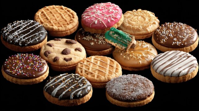 collection of round cookie cookies biscuit sprinkle and icing set on transparent background cutout png file many assorted different flavour mockup template for artwork design 