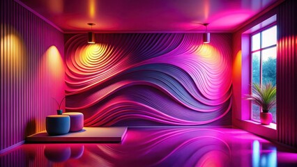 Vibrant fuchsia and magenta room interior design with wavy wall art, illuminated by warm golden pendant lights, featuring plush seating and a potted plant near a window.