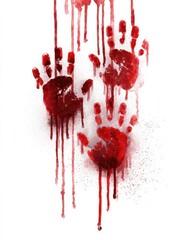 realistic bloody handprints and dripping blood stains on a white background with fresh deep red glossy smears and long drips creating a chaotic horror aesthetic