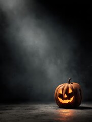 a halloween lit jackolantern glowing brightly under a dramatic spooky spotlight on black background