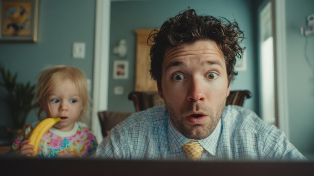 Surprised father in shirt and tie working from home beside toddler holding banana like a phone, humorous moment showing challenges of remote work and parenting in a playful family scene - Powered by Adobe