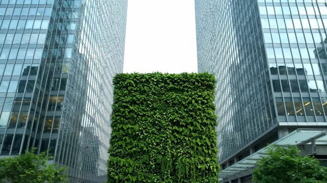 Lush green vertical garden with fern, foliage, and small flowers