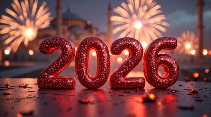 Global celebrations welcome Happy New Year 2026! Sparkling red numbers stand prominently as fireworks light up the night sky over cities like Hong Kong.