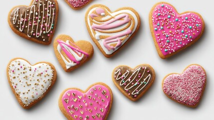 set of heart love shaped cookies with sprinkles and icing designs white transparent png assorted biscuit mockup templates for creative artwork design perfect for bakery bran cookie