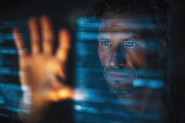 Serious man interacting with futuristic digital interface while touching transparent screen with glowing data, representing cybersecurity, artificial intelligence, and high-tech innovation