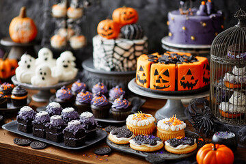 Halloween sweets table with pumpkin cakes, ghost cookies and purple cupcakes in festive dark setting