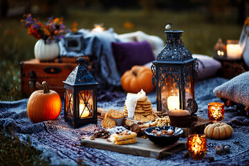 Cozy Halloween picnic with pumpkins, lanterns and autumn snacks at dusk
