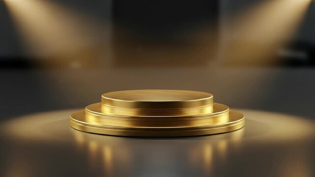 A gleaming three-tiered golden platform is centrally placed in a dimly lit, reflective space