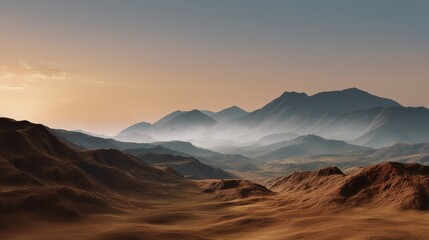 Majestic Mountain Range: Capturing the serene beauty of a mountain range under a twilight sky, the landscape exudes a sense of vastness and tranquility.