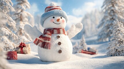 Obraz premium cheerful snowman in a winter landscape with festive decorations spreading holiday joy and greetings for christmas and new year celebrations