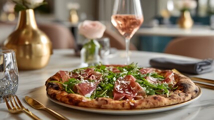Elegant Italian Pizza Served on Marble Table in Modern Restaurant