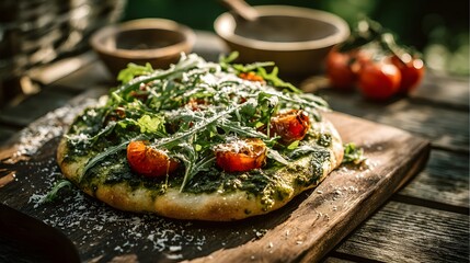 Fresh Italian Pesto Pizza with Arugula and Parmesan Cheese on Wooden Table