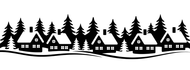 Black and white vector illustration of winter village houses and pine trees silhouette for Christmas border and holiday decoration design