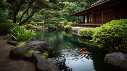 Obraz premium Tranquil Japanese Garden: A serene pond with koi carp gracefully swim beneath the overhanging eaves of a traditional wooden building, embraced by lush green foliage. The scene exudes peace.