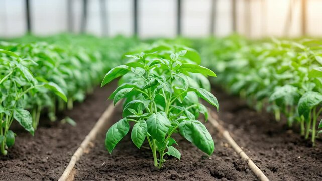 Vibrant Green Basil Plants Thrive in Greenhouse with Rich Soil and Sunlight, Showcasing Natures Growth and Nurturing Environment for Gardening and Agriculture