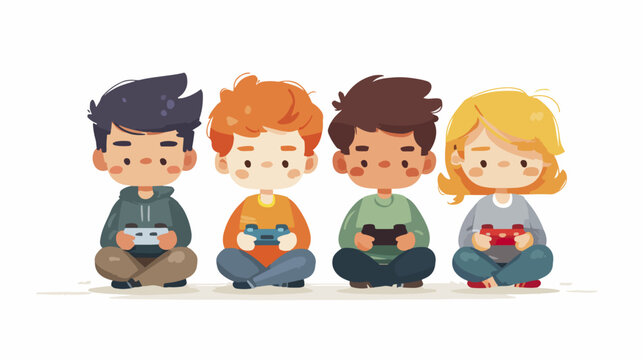 Group of children playing video games with controllers