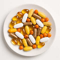 Assorted Pills, Capsules and Tablets on White Plate for Health, Wellness, and Medicine Stock Image