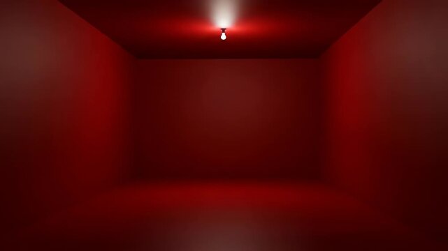 Stark red room, empty, with a single light bulb illuminating the ceiling