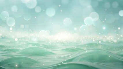 Abstract Serene Mint Green Background with Glimmering Waves and Soft Bokeh Lights