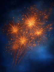Fototapeta premium vibrant new year celebration background featuring bright orange fireworks against a deep blue night sky perfect for festive holiday designs party invitations and event posters