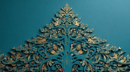 intricate papercut christmas tree scene teal and gold minimalist style