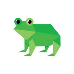 A vibrant green origami frog with large expressive eyes presented on a clean white background