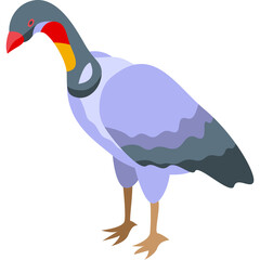 Cartoon stylized light blue bird with grey wings and red beak standing on white background with neck red and yellow accents stylized illustration vector graphic