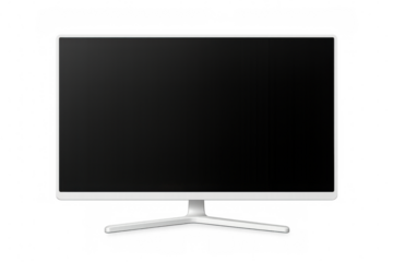 Computer monitor with blank black screen on white stand, providing space for displaying content with transparent background