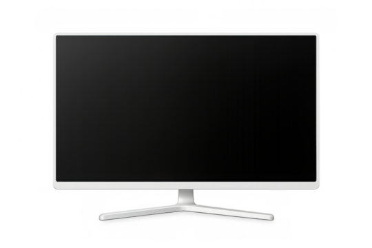Computer monitor with blank black screen on white stand, providing space for displaying content with transparent background