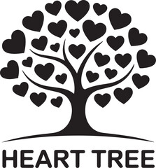 Fototapeta premium Symbolic heart tree silhouette with text 'heart tree' represents love growth family friendship health and wellbeing in a decorative design isolated on transparent background