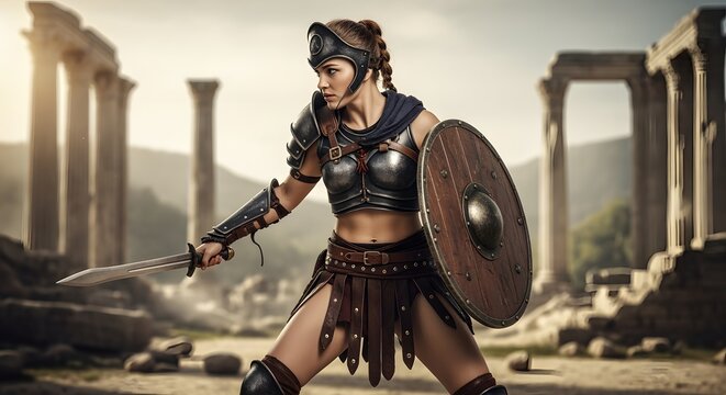 Heroic female gladiator scene, leather armor glinting, ruins behind, cinematic composition and lighting.