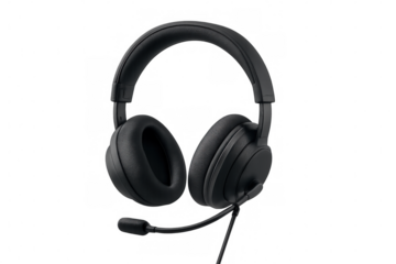 Black gaming headset with microphone providing clear audio for esports and online communication, transparent background