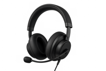 Black over-ear stereo headset with microphone, representing communication, gaming, and online learning, transparent background