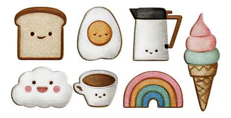 Cute and Colorful Food Icons with Smiley Faces on Transparent Background