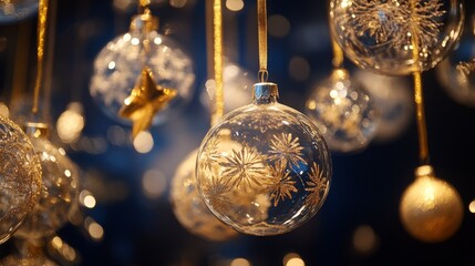 84.A close-up of intricate gold Christmas ornaments, including glass baubles with gold leaf patterns, hanging stars, and golden ribbons, set against a rich dark blue background with soft ambient